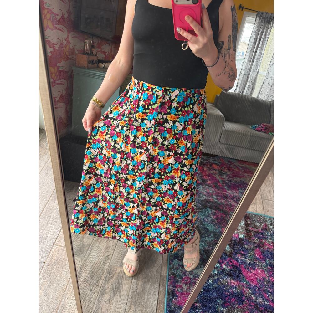 Sag Harbor Women’s Maxi Skirt Large Floral Colorful Stretchy Peasant Bohemian